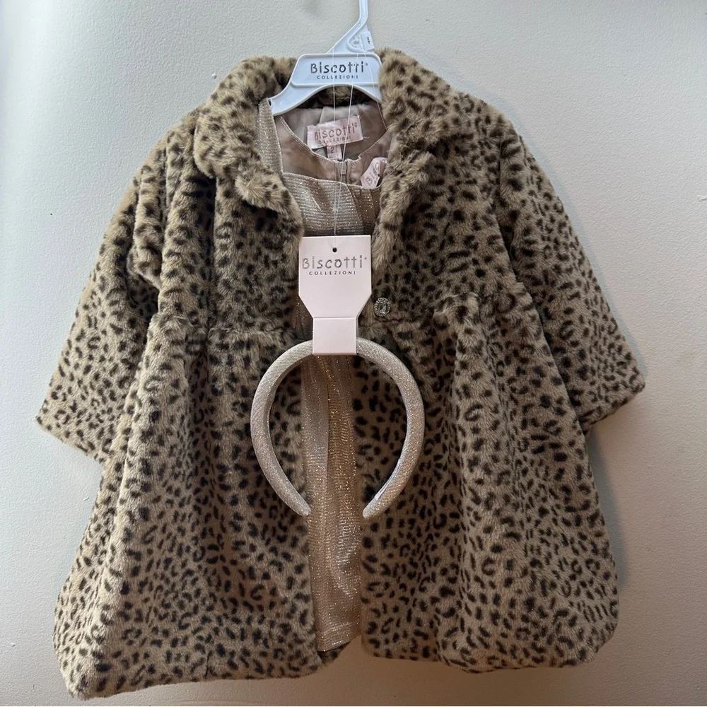 Biscotti Collezioni Girls 3-Piece Leopard Faux Fur Coat Dress Set NWT